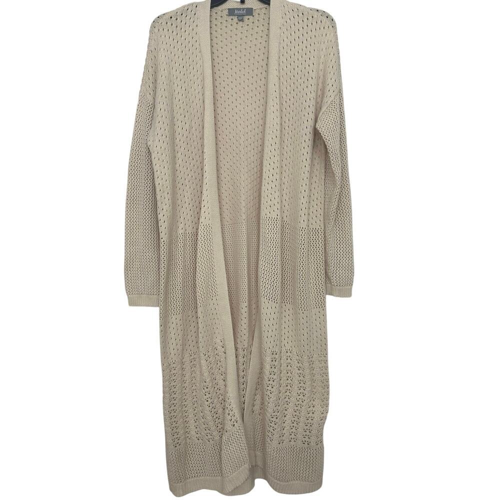Marled Cream Tan Open Knit Duster Cardigan M Long Boho Coastal Beachy Neutral